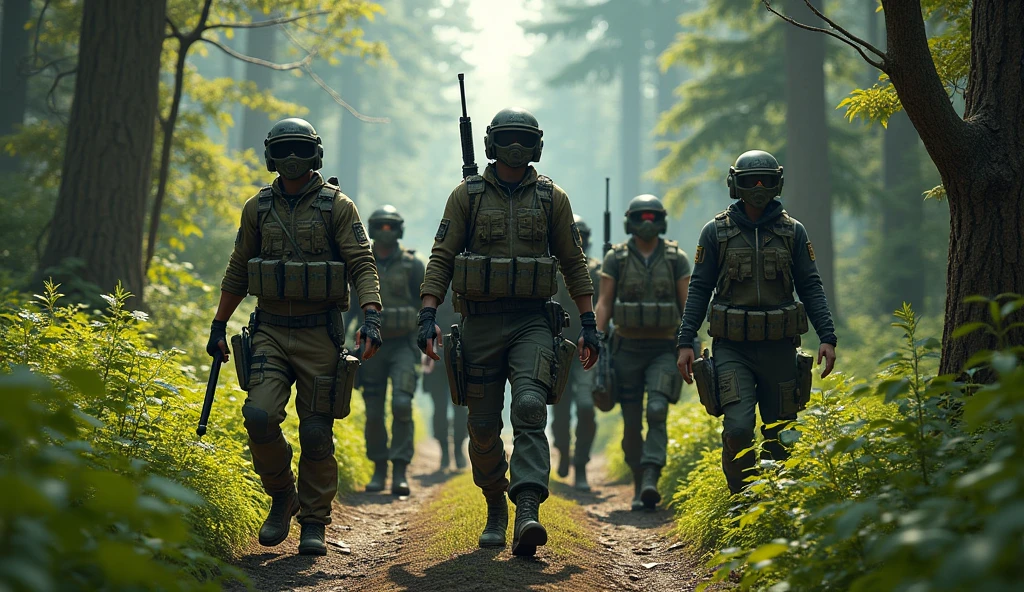 Group of people wearing pubg game dress and entering to the forest