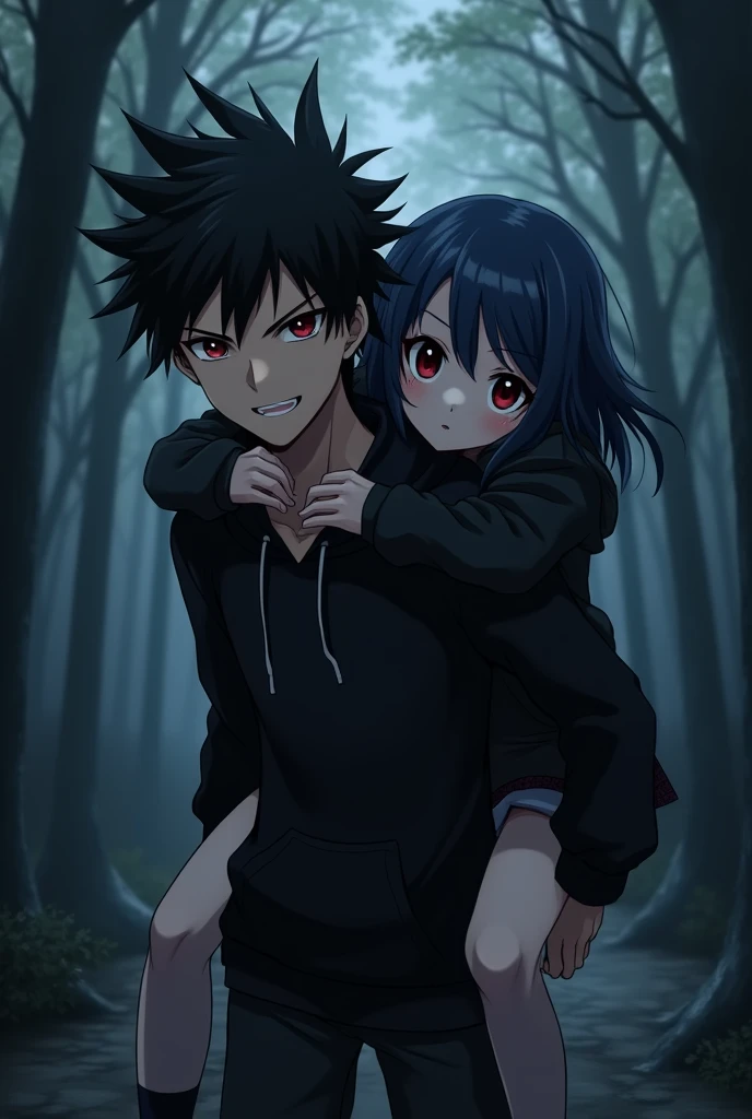 A boy ((( Anime boy , Spiky hair , black hair , black hoodie , blood red eyes , narrowed eye
 ))) , A girl ((( Anime girl , dark blue hair , modern day mullet hair style , black hoodie , red eyes , almond eye ))) , boy carrying the girl , piggy back ride , girl behind the boy , dark forest background