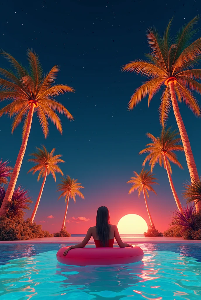 Create a palm tree in the background sea and behind it you can see a party girl on Mallorca below the palm tree is a swimming ring above it are stars above it is written in burning letters FIRE IN THE ASS no people