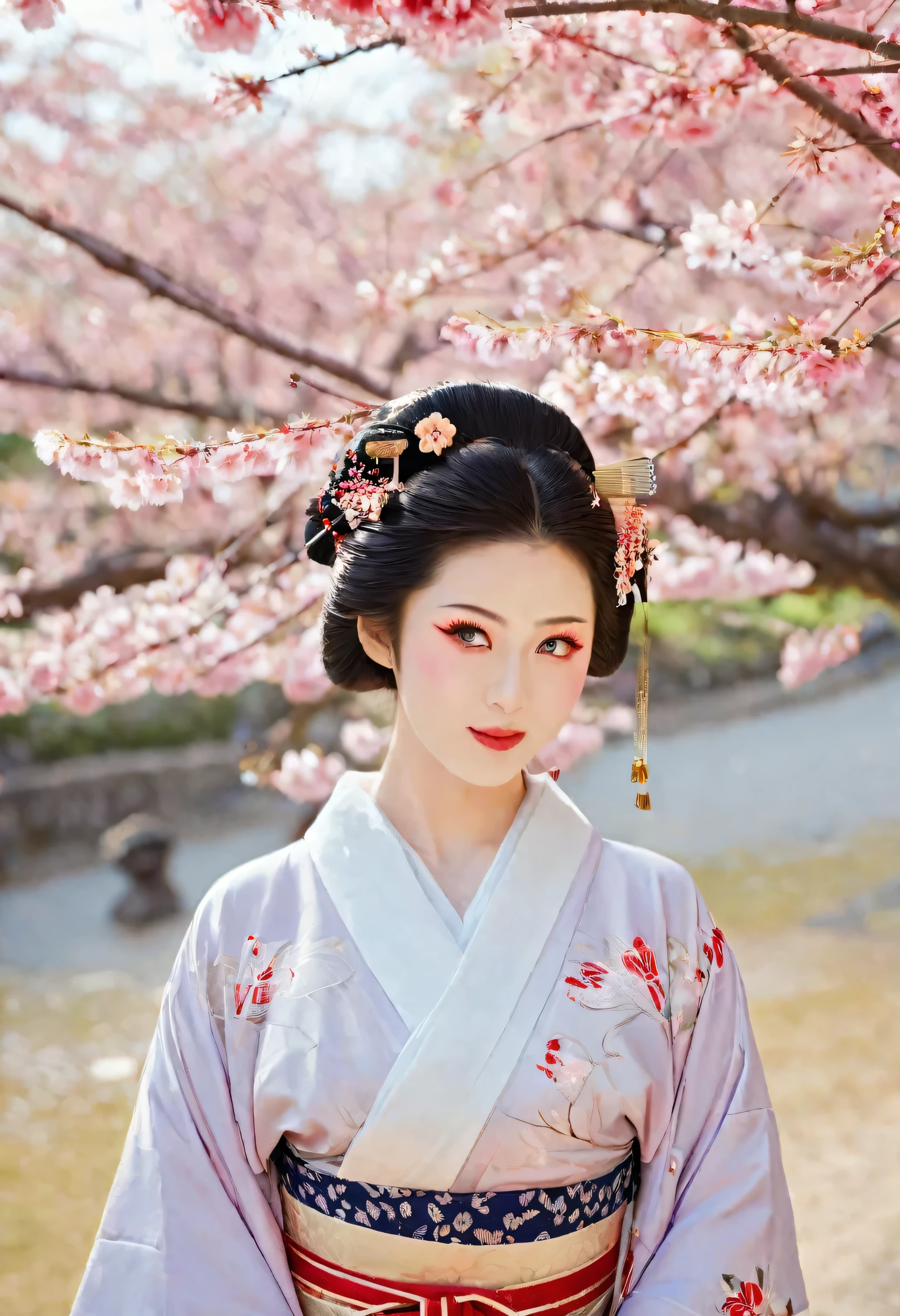 (A geisha stands gracefully under a cherry blossom, Look back and smile: 1.37), Pink cherry blossom petals next々And they scatter, (whole body) The face base makeup has no highlight or shadow decoration. Foundation covers the entire face and neck. Red lip makeup、The area of the mouth that is smaller than normal lips. Strengthen your eyes, Makes pupils appear darker and deeper. Straight eyebrows are not only eye-catching、Informal, Cleanse the entire face. Typical Japanese Geisha makeup, Wearing a gorgeous kimono embroidered with red and gold cherry blossoms, This is a long-sleeved kimono, Wearing clogs, Realistic depiction of light and shadow, Realistic and exaggerated photos, super high quality, Super Details, Cinematic shots, Shallow depth of field
