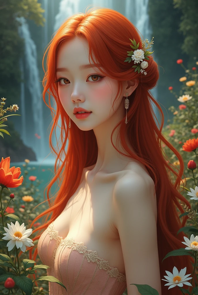 Korean girl, beautiful face, detailed face, long flowing hair, red hair, waterfall background, many flowers, nude, artistic photo, 4K