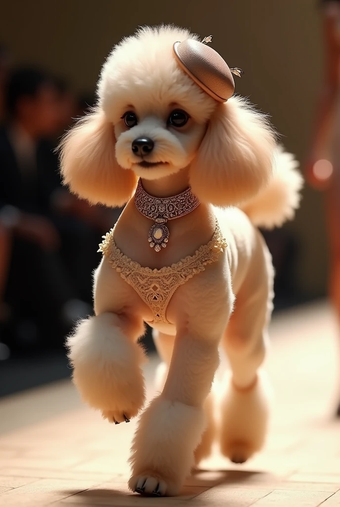 Spirit style: Anthropomorphic poodle gracefully walks down the catwalk，Show anthropomorphic style。The Poodle&#39;s posture is charming and noble，Perfectly adapted to the high-end fashion stage。

clothing: Beautiful satin lingerie and lace for poodles，Smooth and luxurious fabric。Exquisite underwear design，Emphasis on elegance and comfort。

shoe: 时尚的迷你shoe，Decorated with tiny bows and gemstones，Showing chic and elegant style。

hat: Stylish beret or headdress，Matching with underwear，Decorated with delicate feathers or small jewels。

Accessories: 高雅的Accessories，Includes jewel-encrusted collar and stylish decorative leash，Add a touch of luxury to your poodle。

Image Quality: Enhance image quality，high resolution，Wallpaper-like clarity and realism，展示clothing和Accessories的每一个细节。