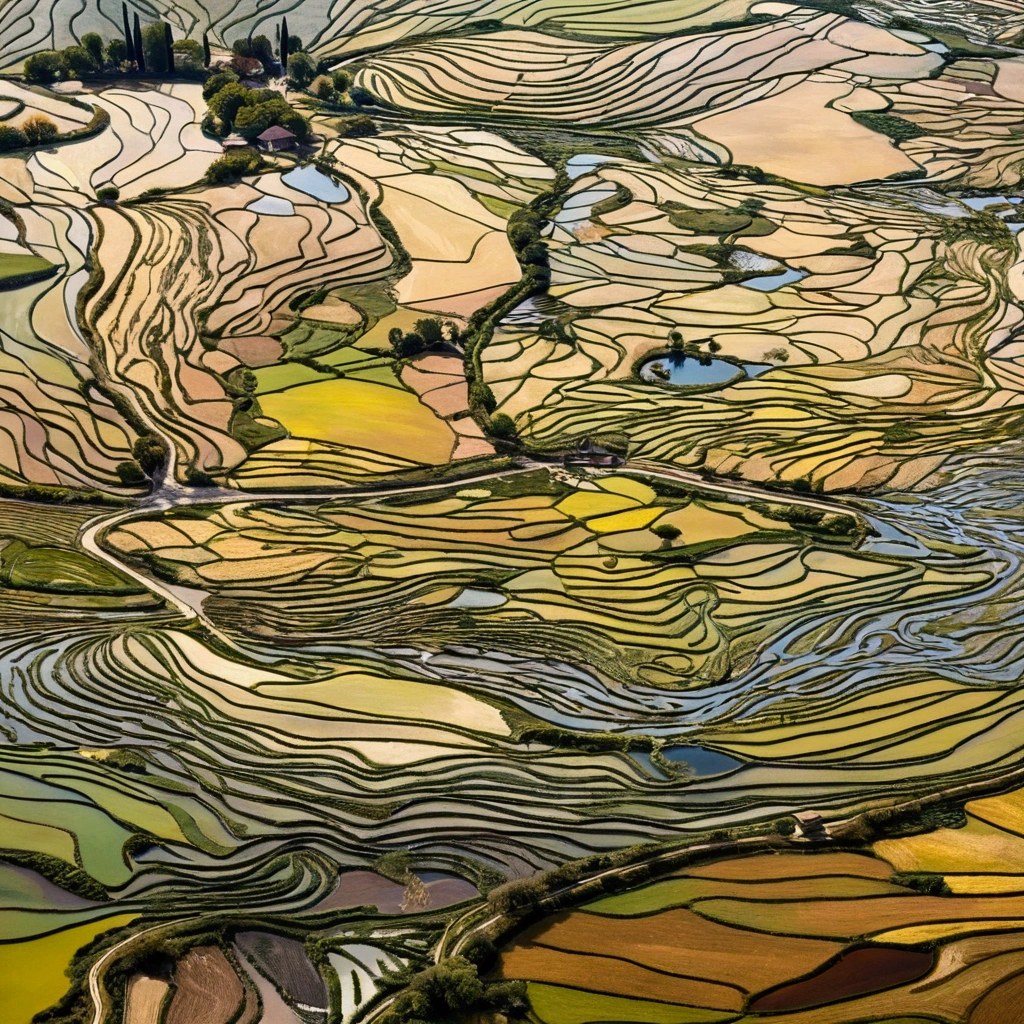 Close-up of a vast field filled with water, Extremely detailed painting, Marble, Intricate water, yann arthus - bertrand, Intricate flowing paint, Fascinating, Intricate landscape, paddy, Complex oil sweep, Terraced orchards and ponds, intricate organic, iphone detailed photos, The ripple structure of reality, Exquisite and detailed photography