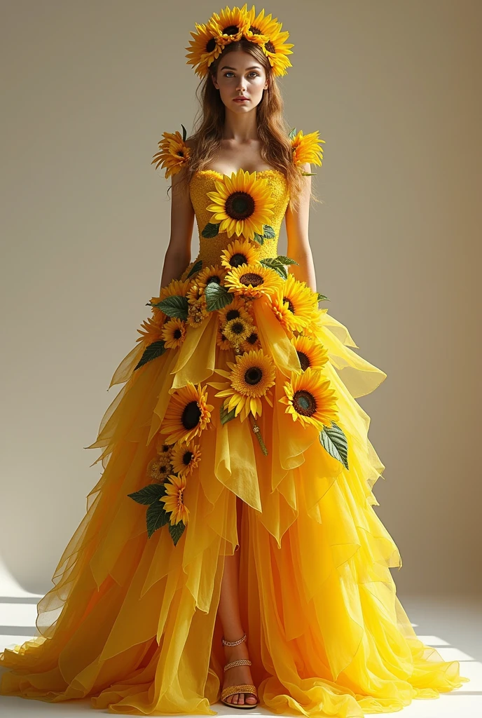 Create me a sunflower-based feminine outfit that is extravagant, full body and front view.