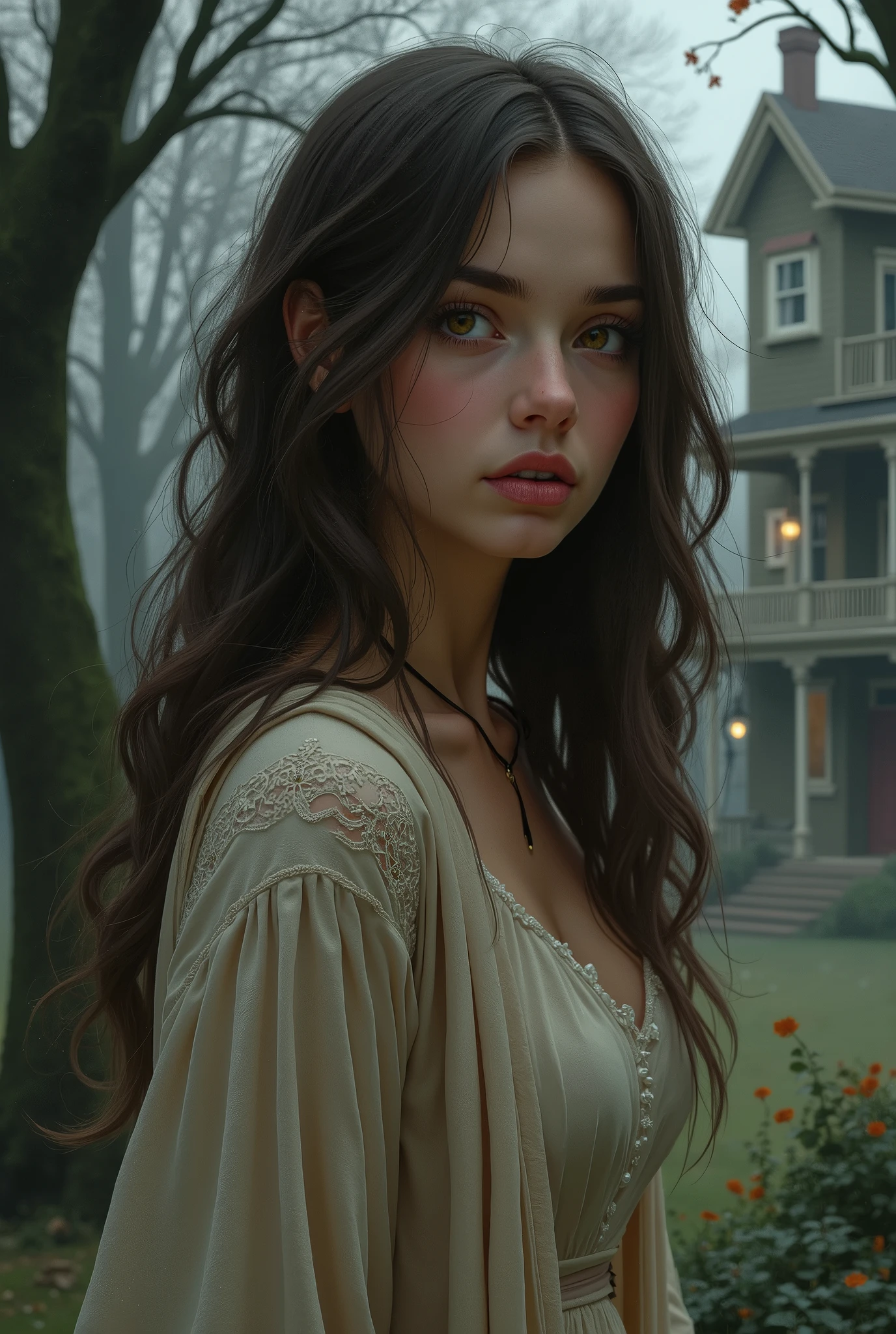 Amelia:
Appearance: Amelia is in her late 20s, with long, dark brown hair that cascades down in loose waves. She has expressive hazel eyes that often reflect her curiosity and slight unease. Her style is a mix of modern and vintage—soft, flowing dresses paired with cardigans, giving her a timeless, almost ethereal look.
Personality: Amelia is thoughtful, empathetic, and slightly introverted. She’s an artist, drawn to the house for its beauty and history. As the whispers begin, her sensitive nature makes her more susceptible to their influence, blurring the line between her imagination and reality.