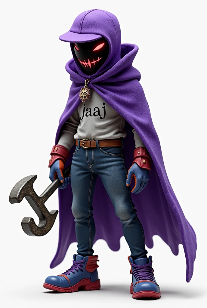 Personnage avec un petit chapeau violet clair avec une étiquette déçu ce chapeau une cape violet pâle avec écrit jaaj sur la cape un bâton de métal qui ressemble a un j des chaussures teinte de bleu pâle est du rouge clair pâle est un côté de combattant dangereux