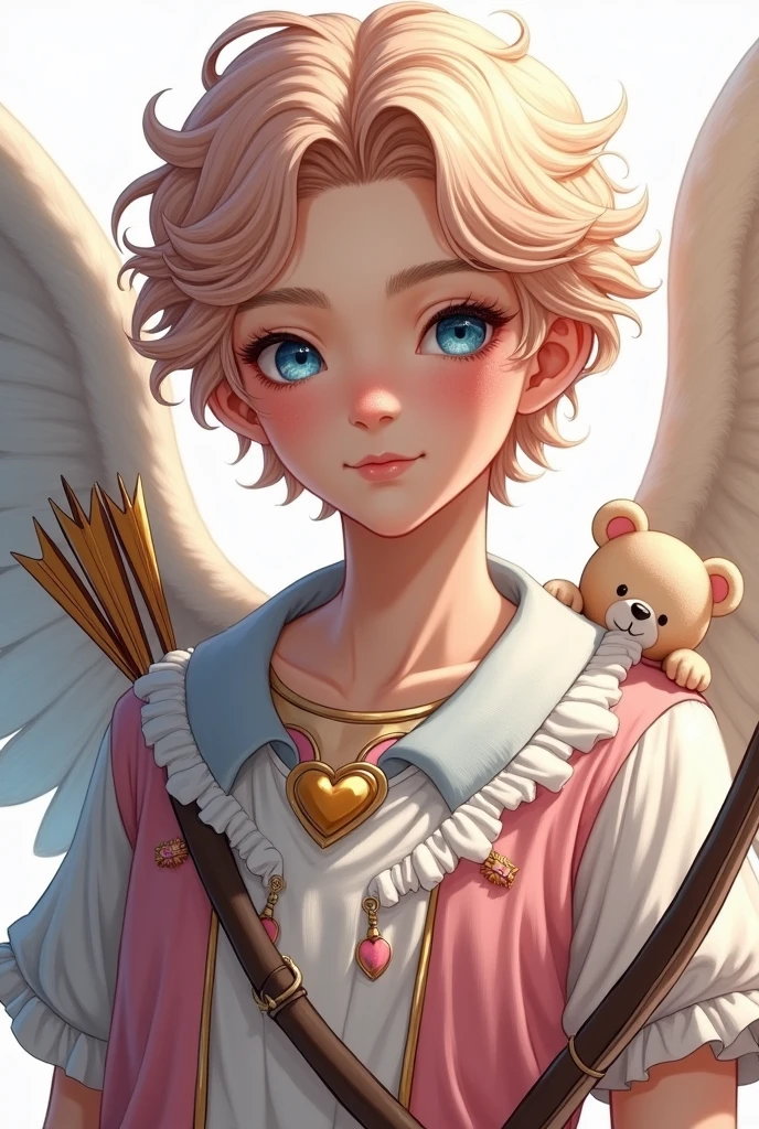 Image of C&#39;s daughter.a. Cupid e da Blondie Lockes de Ever after High: A teenage boy, with blonde hair mixed with pink, Caucasian skin, blue colored eyes, Cupid&#39;s wings, bow and arrow, clothes in the style of ancient Greek gods in white with pink and blue colors and elements of bears and hearts on the clothes