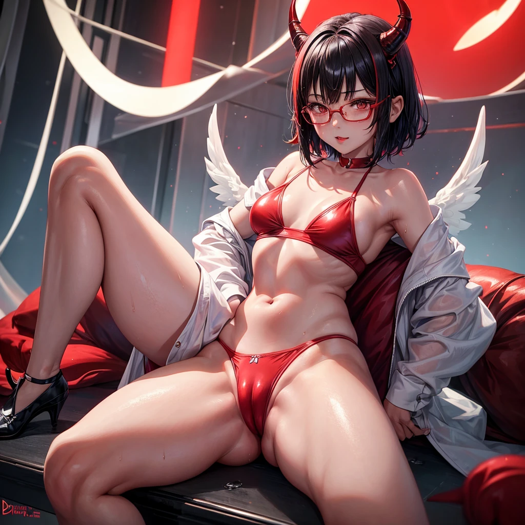 Beautiful girl,Korea, sitting among red light neon,
 1,Short hair, shoulder length,black hair, medium breasts,wet, sweat, camel toe, red lips ,Wear glasses,
White mini underwear, sexy pose,
 red eyes, spread your legs, กางเกงใน girl, , คลาน, หันก้นมาด้านหน้า,
Two horns and a red demon tail, slim, angel wings,