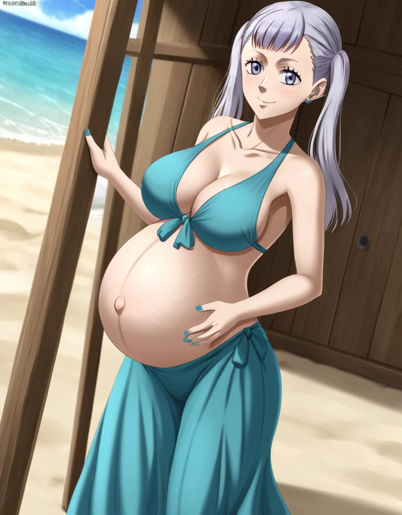 noelle_blackclover, Noelle Silva, Black Clover, long silver hair, waist-length hair, half-up half-down hairstyle, ribbon, side-parted bangs, almond-shaped blue eyes, high-quality, ultra-detailed, beast quality, 8K resolution,
looking at viewer, dutch angle, cowboy shot, smile, pregnant belly, large belly, big belly, big Breasts, belly button,
1girl,solo, indoors, beach, happy, Smiling, rub belly,
full body, Nail polish,