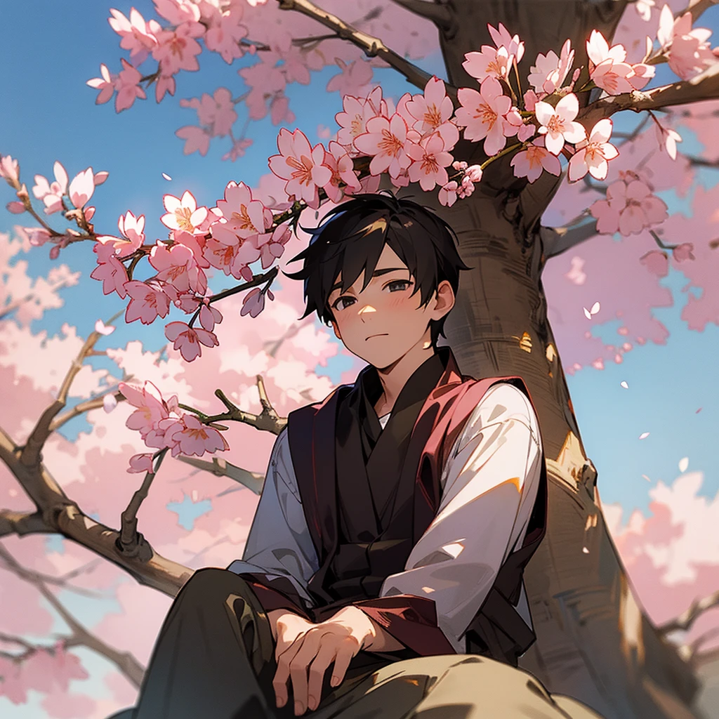Boy sitting under a cherry blossom tree