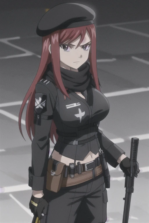 1girl, solo, Erza Scarlet, Fairy Tail, red hair, long hair, big breasts, facing the viewer, looking at viewer, sidelocks, black uniform, long sleeves, (bulletproof vest), (black scarf), belt pouches, (tactical belts), black cargo pants, black gloves, black beret, (black hat), (badges), (simple dark background)