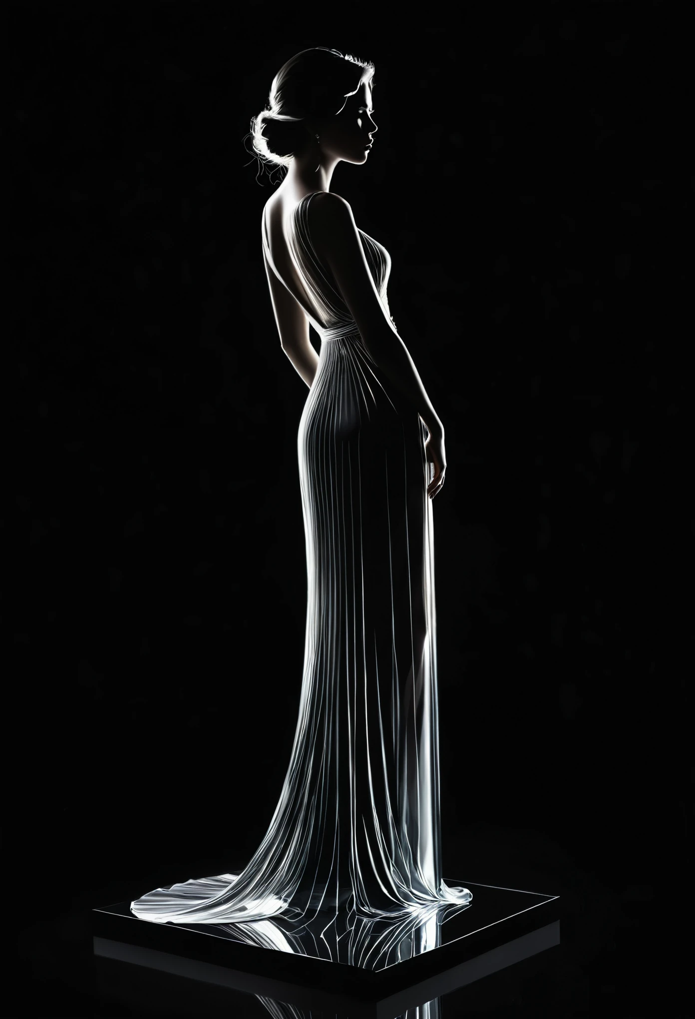 **Digital painting of the full-length silhouette of a beautiful and beautiful transparent glass model, reflecting the white ambient light, emphasis on her serene expression, faint white, soft shadows playing on her features, very intense and dark black background that contrasts and accentuates the crystal model's beautiful silhouette, detailed hair with discernible individual strands. Capturing light and texture, high resolution, ultra-realistic.**