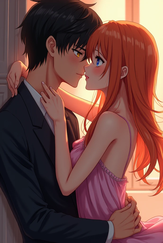 An orange-haired girl with a cute face and blue eyes. She wore a slightly sexy nightgown. she was hugging and kissing a man with black hair and yellow eyes. character anime.