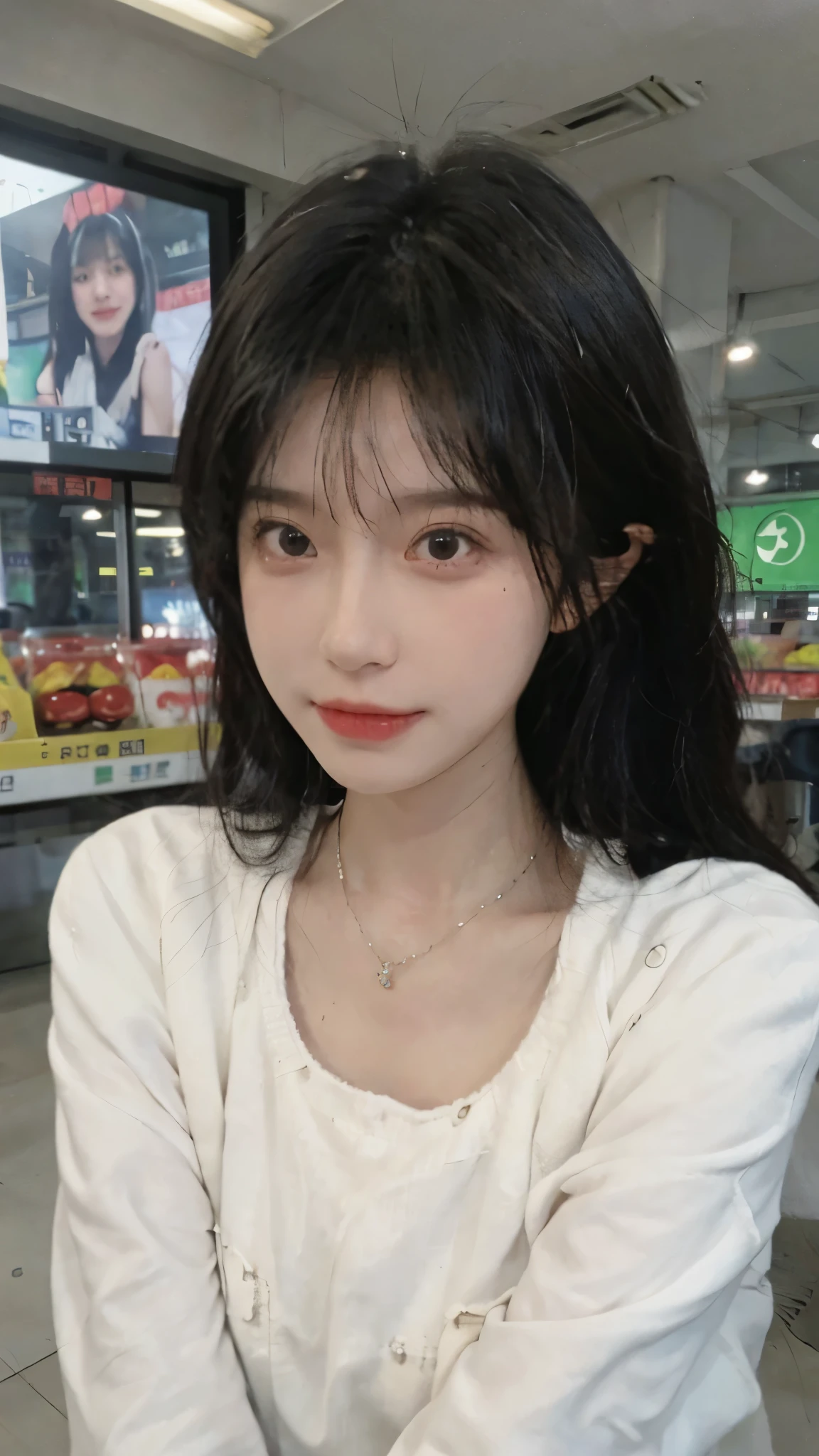 Best quality,Ultra-high resolution,(Realism:1.4),Cute hairpins,girll,Cropped black sweater,wear mask,Look directly at the audience,Full of atmosphere,Beautiful woman with a slim figure:1.4,supermarket,whole body,Super delicate face,Exquisite eyes,Double eyelids,necklace
