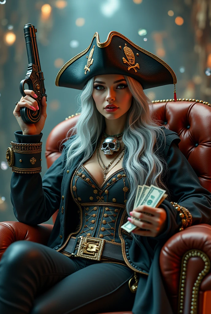Surreal 8K 32k Realistic and Super Fantasy Very detailed Dynamic seating position Cinema Lighting 3d Clear Eyes Gem pirate Silver髪 Holds a gorgeous gun in his right hand pirateの髑髏マーク帽子 black, Money, Silver Skull Necklace Hold a stack of bills in your left hand ゴージャスなpirateファッション Spilling Jewels Silver髪 Cute girl