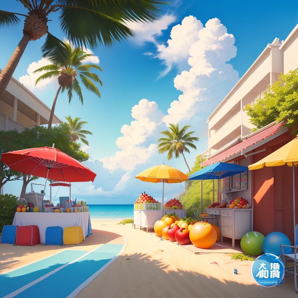 cartoon summer beach scene with fruits and umbrellas, poster ; summer, Popular on cgstation, mobile game background, summer time, mobile game, Chiba Yudai, summer swimming , Ghost Festival, Popular on cgstation内容, summer festival in background, refrigerator