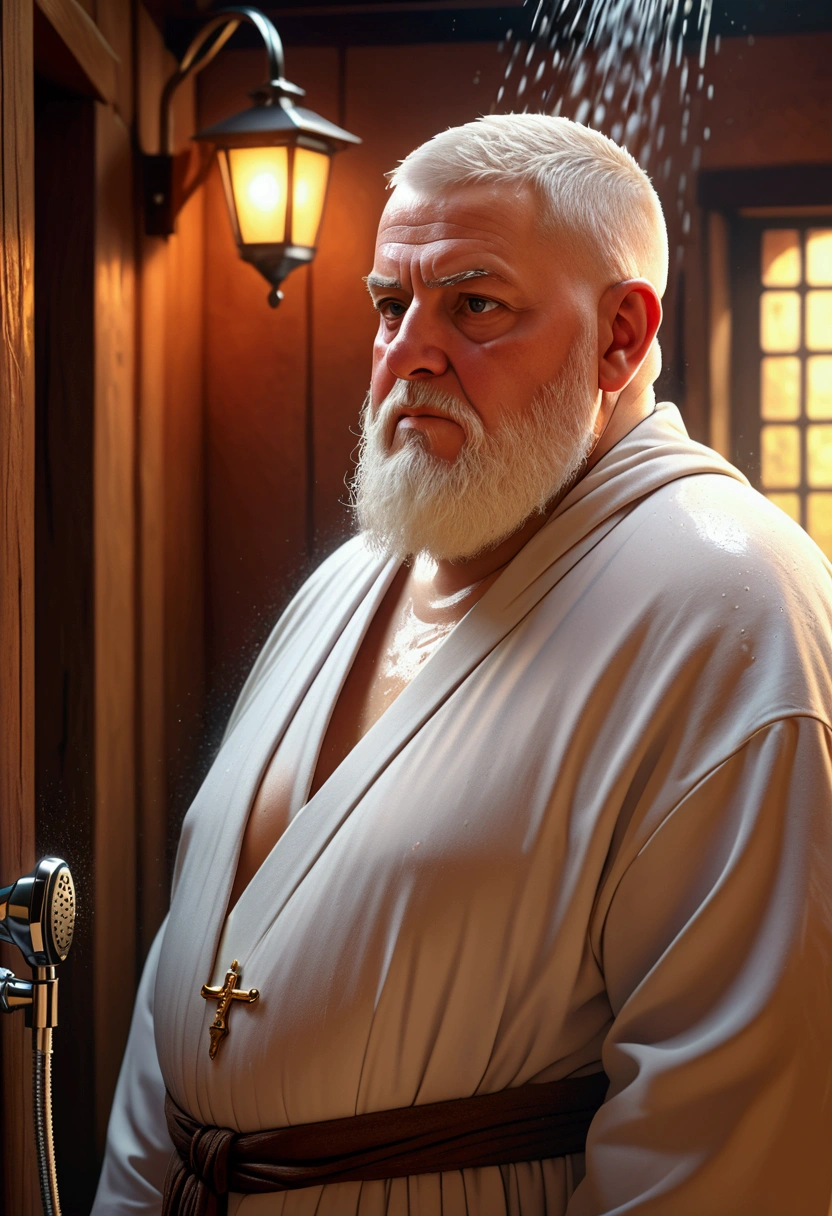a detailed of an elderly, obese white beard Dominican monk with an attractive, kind facial expression, warm lighting, takes a shower, view to full length, detailed facial features, photorealistic, 8k, (best quality, 4k, 8k, highres, masterpiece:1.2), ultra-detailed, (realistic, photorealistic, photo-realistic:1.37), HDR, UHD, studio lighting, ultra-fine painting, sharp focus, physically-based rendering, extreme detail description, professional, vivid colors, bokeh