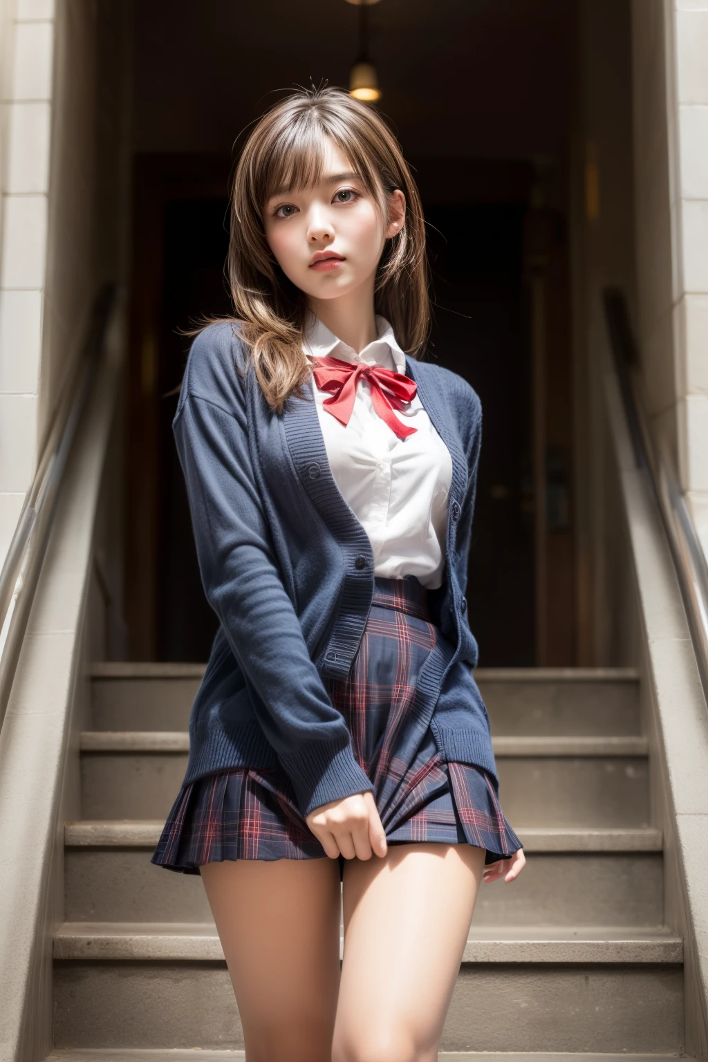 (masterpiece, Highest quality, High resolution, 超High resolution, Pixel perfect, Written boundary depth, 4K, RTTX10.0, High resolution))), (One Woman:1.3), Beautiful Real Woman, Beautiful art style, ((Detailed face:1.2)), ((Smooth texture:0.75, Realistic texture:0.5, Real CG style)), (Maximum resolution: 1.2), Cinema Lighting, ((Highest quality)), ((masterpiece)), (High resolution), 8k, Best Shadow, The best natural light, Cinematic, (Adult woman going down the stairs:1.2), (Brown Hair,)、shy、ponytail, Red ribbon, (Navy Blue Blazer, Brown cardigan, White shirt, Checked skirt))、(Navy blue socks)、((Front view))、(Angle from the front:1.1)、Station stairs、City Stairs, (Skirt flipped up by the strong wind:1.3), (A perfect skirt of uniform length:1.4), Stylish white side-tie lace panties, Ultra-realistic pantyhose、Pantyhose and skirt、Slender body,Beautiful thighs, (Embarrassed look), Pulling on skirt, Legitimate, Woman and consent photo shoot