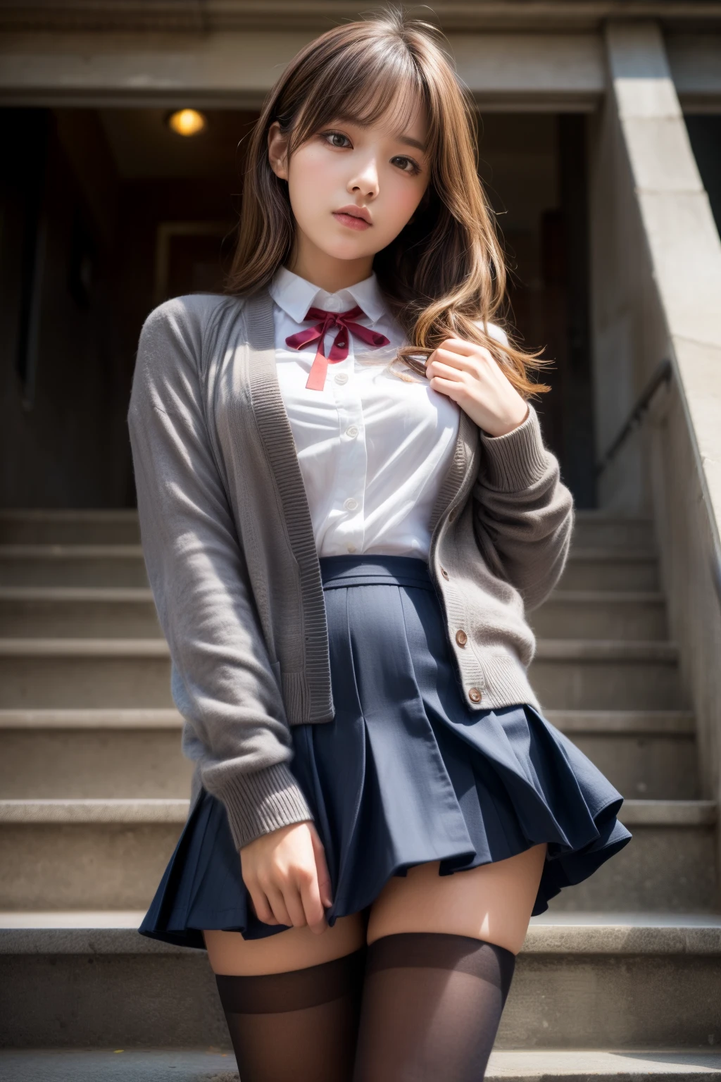 (masterpiece, Highest quality, High resolution, 超High resolution, Pixel perfect, Written boundary depth, 4K, RTTX10.0, High resolution))), (One Woman:1.3), Beautiful Real Woman, Beautiful art style, ((Detailed face:1.2)), ((Smooth texture:0.75, Realistic texture:0.5, Real CG style)), (Maximum resolution: 1.2), Cinema Lighting, ((Highest quality)), ((masterpiece)), (High resolution), 8k, Best Shadow, The best natural light, Cinematic, (Adult woman going down the stairs:1.2), (Brown Hair,)、shy、ponytail, Red ribbon, (Navy Blue Blazer, Brown cardigan, White shirt, Checked skirt))、(Navy blue socks)、((Front view))、(Angle from the front:1.1)、Station stairs、City Stairs, (Skirt flipped up by the strong wind:1.3), (A perfect skirt of uniform length:1.4), Stylish white side-tie lace panties, Ultra-realistic pantyhose、Pantyhose and skirt、Slender body,Beautiful thighs, (Embarrassed look), Pulling on skirt, Legitimate, Woman and consent photo shoot