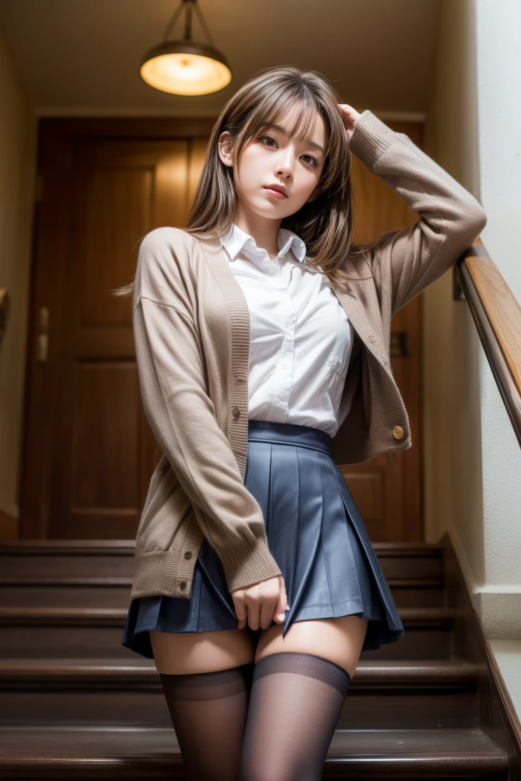 (masterpiece, Highest quality, High resolution, 超High resolution, Pixel perfect, Written boundary depth, 4K, RTTX10.0, High resolution))), (One Woman:1.3), Beautiful Real Woman, Beautiful art style, ((Detailed face:1.2)), ((Smooth texture:0.75, Realistic texture:0.5, Real CG style)), (Maximum resolution: 1.2), Cinema Lighting, ((Highest quality)), ((masterpiece)), (High resolution), 8k, Best Shadow, The best natural light, Cinematic, (Adult woman going down the stairs:1.2), (Brown Hair,)、shy、ponytail, Red ribbon, (Navy Blue Blazer, Brown cardigan, White shirt, Checked skirt))、(Navy blue socks)、((Front view))、(Angle from the front:1.1)、Station stairs、City Stairs, (Skirt flipped up by the strong wind:1.3), (A perfect skirt of uniform length:1.4), Stylish white side-tie lace panties, Ultra-realistic pantyhose、Pantyhose and skirt、Slender body,Beautiful thighs, (Embarrassed look), Pulling on skirt, Legitimate, Woman and consent photo shoot