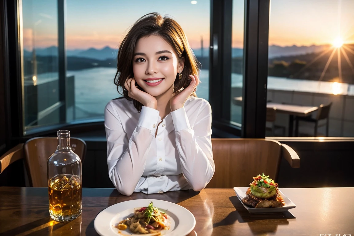 ((Highest quality、8k、masterpiece:1.3))、1 male、1 female、spouse、Beautiful couple、smile、 (Slim face), (The body is スリム), (Brown Hair), (Shortcuts), ((Bob Hale、Straight hair:1.2)), Whiskey bottle and glass on table、Single Malt、scotch、Shot Glass、shine light on the face、 Amazing view of the sunset sky and clouds、Amazing mountain views、smileの美しさ、Bright image、blush, Shortcuts,Bright Face、 (4), 3, Appetizers、Italian food、Long sleeve shirt、dress、Attractive beauty、restaurant, Nova Frog Style, actress, model, Upper Body,