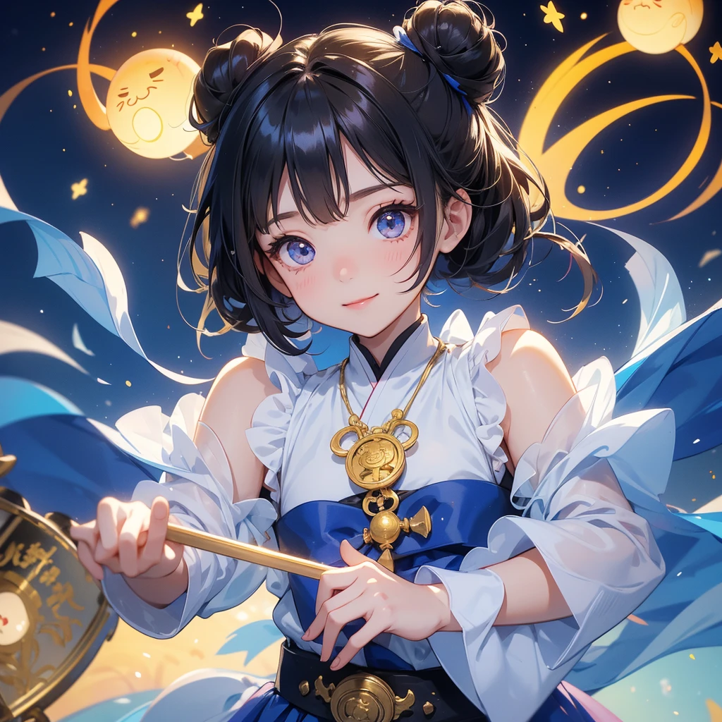 A chibi child girl had a small face and Wearing a white little Taoist priest's outfit. A pair of big round eyes shone with curiosity about him. This child was so cute!, Burning joss paper and gold paper for the departed spirits, her hair is black with two buns on her hair.small chibi, chibi baby, smiling.The little chibi baby looked up with his chest raised, and his face was old and proud.
Strolling among the nemophila fields Glowing blue,