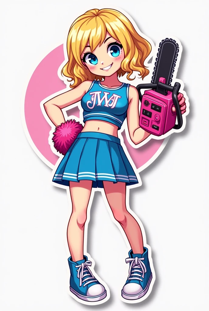 a sticker Juliette Starling from Lollipop Chainsaw videogame, Cheerleader blue top with blue mini skirt, blue eyes, armed with a pink and black [in the blade] chainsaw, at happy, successful, anime style, minimalist design, trending on ArtStation --ar 2:3 --q 2 --niji