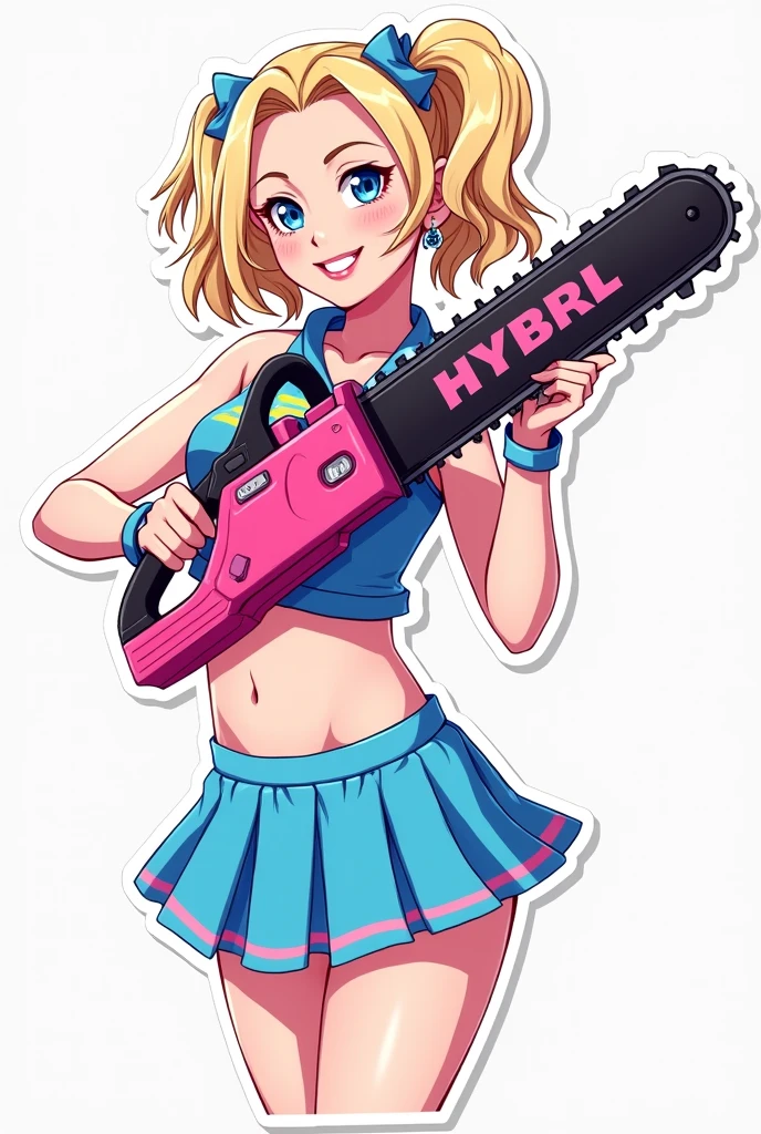 a sticker Juliette Starling from Lollipop Chainsaw videogame, Cheerleader blue top with blue mini skirt, blue eyes, armed with a pink and black [in the blade] chainsaw, at happy, successful, anime style, minimalist design, trending on ArtStation --ar 2:3 --q 2 --niji