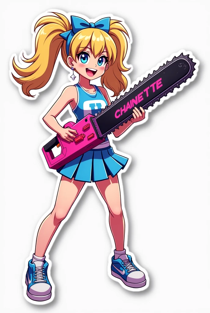 a sticker Juliette Starling from Lollipop Chainsaw videogame, Cheerleader blue top with blue mini skirt, blue eyes, armed with a pink and black [in the blade] chainsaw, at happy, successful, anime style, minimalist design, trending on ArtStation --ar 2:3 --q 2 --niji