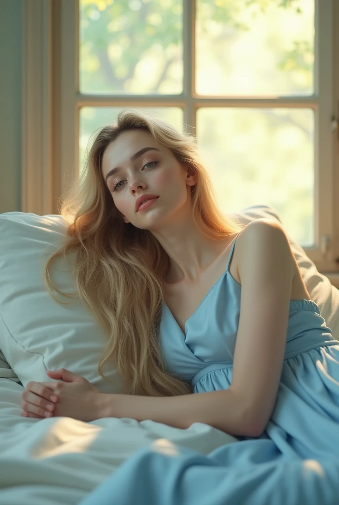The young woman, twenty years old, lies serenely on the bed. Her light blue dress contrasts gently with her fair complexion and the light cream-colored wall behind her. Her long, straight blond hair is spread out on the pillow, and her hazel eyes are softly gazing towards the large glass window nearby. The natural light filtering through the window accentuates her features, casting a warm, ethereal glow over the scene.