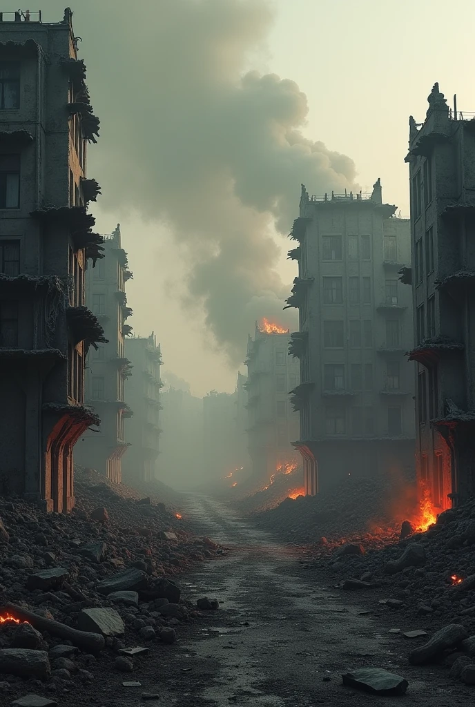 Background, war, burning building and broken building, with dull colour 