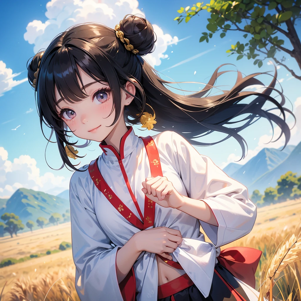 A chibi child girl had a small face and Wearing a white little Taoist priest's outfit. A pair of big round eyes shone with curiosity about him. This child was so cute!, Burning joss paper and gold paper for the departed spirits, her hair is black with two buns on her hair.small chibi, chibi baby, smiling.The little chibi baby looked up with his chest raised, and his face was old and proud.
Standing in the middle of a wheat fields, behind which are mountains, there are low clouds floating in the blue sky.