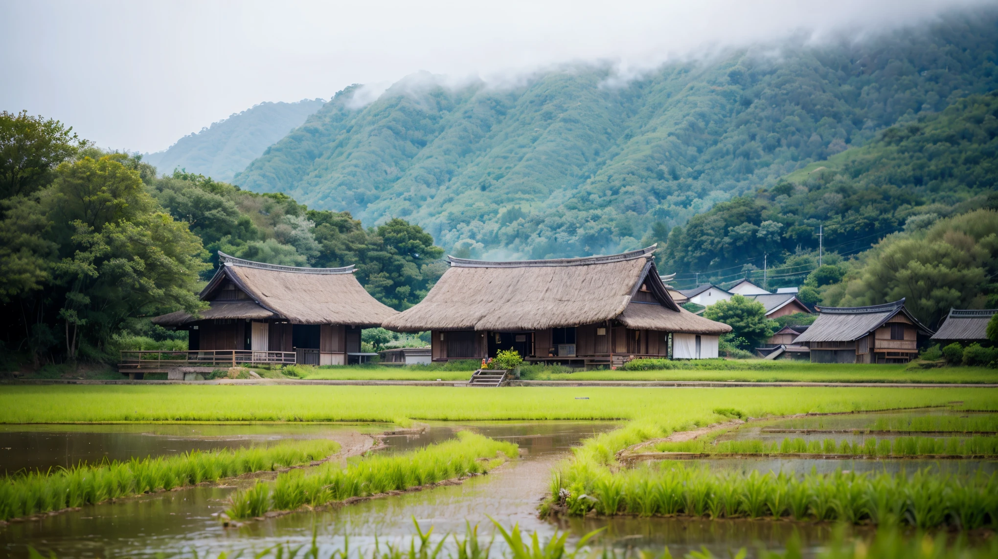Paddy fieldを歩いている男がいる, in the background is a hut with Paddy field, Paddy field, Paddy fieldに植えられたきれいな稲の苗, hazey rain, village, agriculture, In a quiet landscape, hazey weather, In a vast and peaceful landscape, early morning, in the morning haze, 小さなvillageの裏, haze, Japanese countryside, Thatched roof --v 6