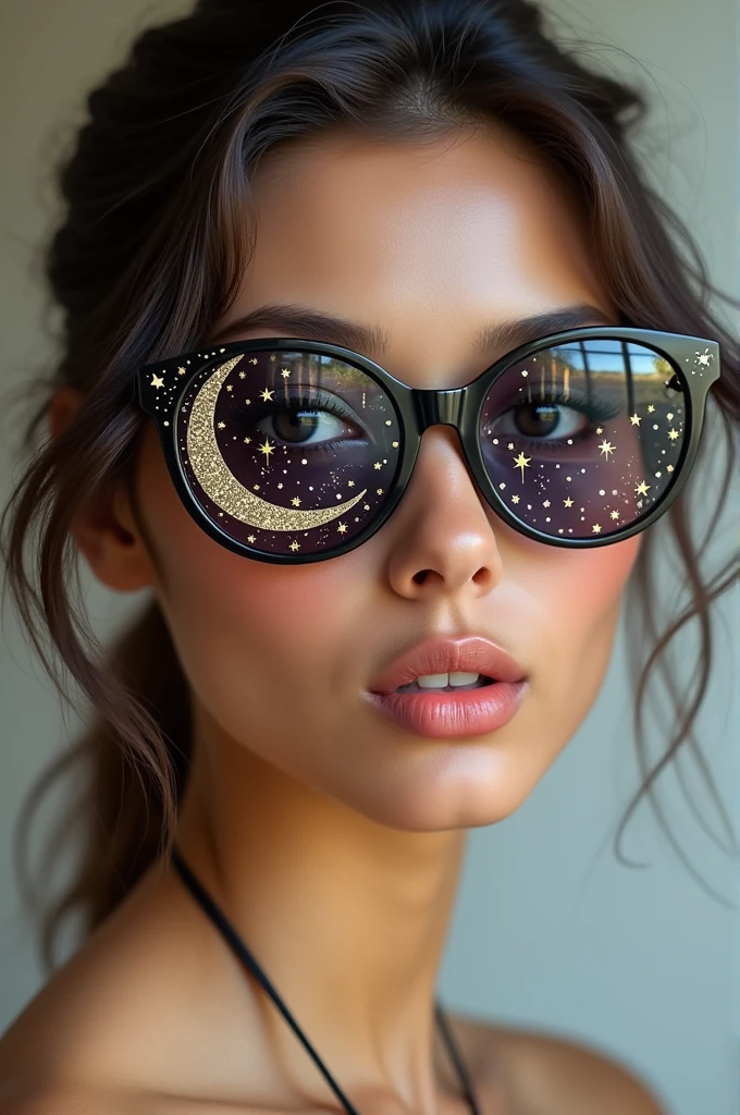 The model is wearing glass sunglasses with stars and the moon on the glass