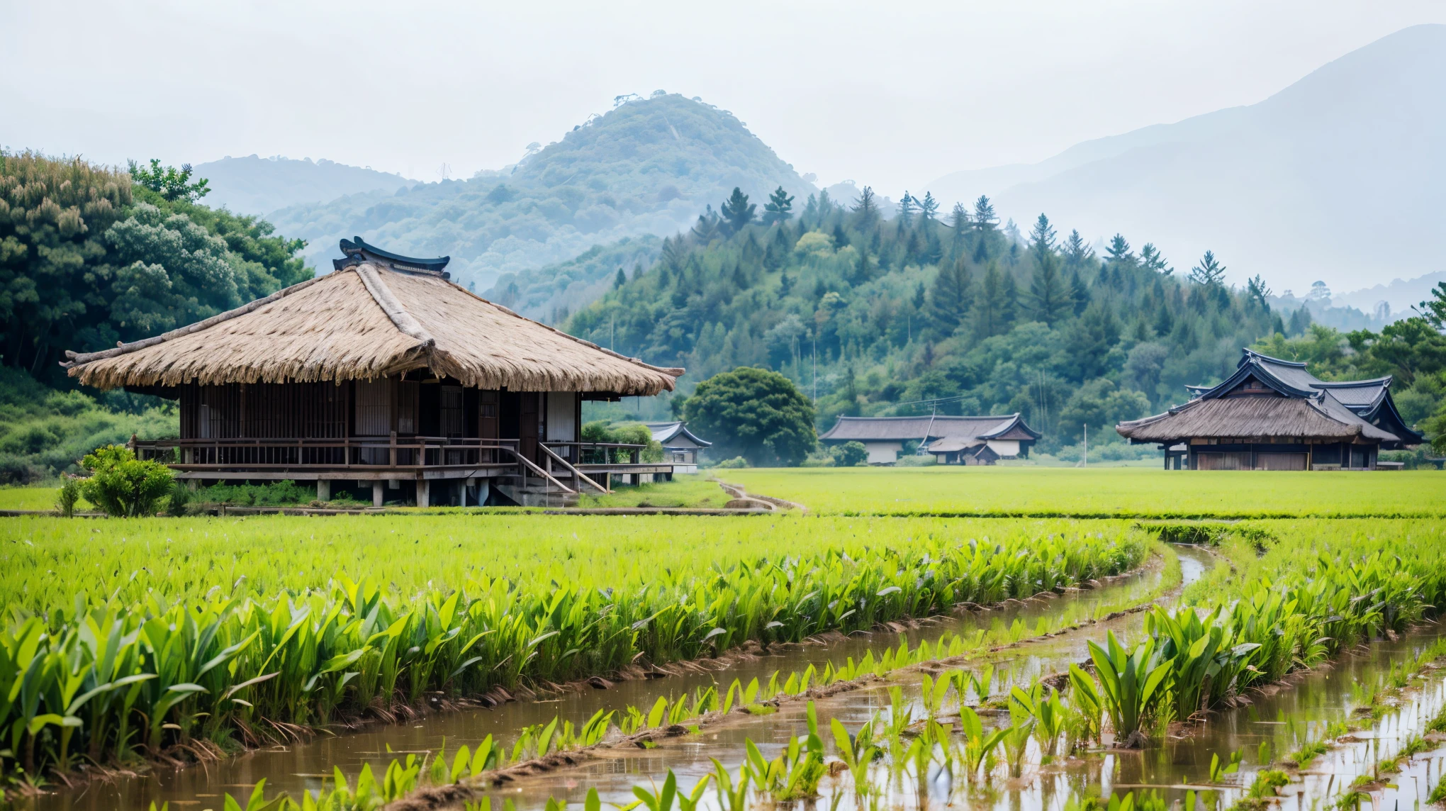 Paddy fieldを歩いている男がいる, in the background is a hut with Paddy field, Paddy field, Paddy fieldに植えられたきれいな稲の苗, hazey rain, village, agriculture, In a quiet landscape, hazey weather, In a vast and peaceful landscape, early morning, in the morning haze, 小さなvillageの裏, haze, Japanese countryside, Thatched roof --v 6
