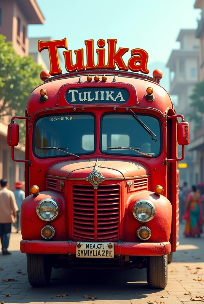 A Red indian bus name tulika on top