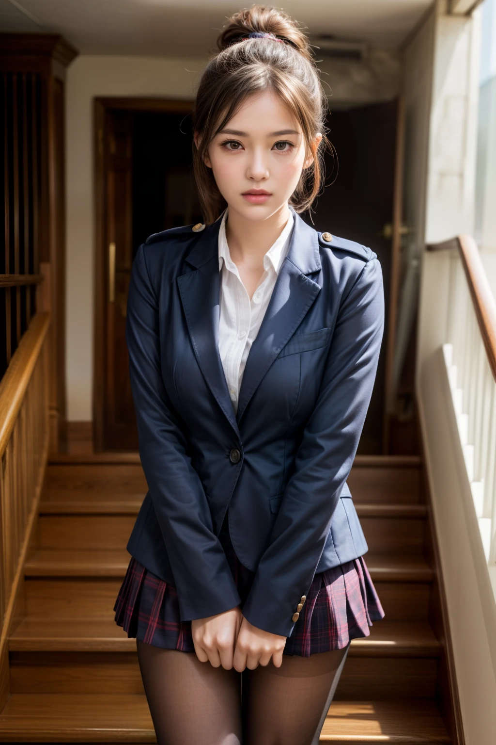 (masterpiece, Highest quality, High resolution, 超High resolution, Pixel perfect, Written boundary depth, 4K, RTTX10.0, High resolution))), (One Woman:1.3), Beautiful Real Woman, Beautiful art style, ((Detailed face:1.2)), ((Smooth texture:0.75, Realistic texture:0.5, Real CG style)), (Maximum resolution: 1.2), Cinema Lighting, ((Highest quality)), ((masterpiece)), (High resolution), 8k, Best Shadow, The best natural light, Cinematic, (Adult woman going down the stairs:1.2), (Brown Hair,)、shy、ponytail, Red ribbon, (Navy Blue Blazer, Brown cardigan, White shirt, Checked skirt))、(Navy blue socks)、((Front view))、(Angle from the front:1.1)、Station stairs、City Stairs, (Skirt flipped up by the strong wind:1.3), (A perfect skirt of uniform length:1.4), Stylish white side-tie lace panties, Ultra-realistic pantyhose、Pantyhose and skirt、Slender body,Beautiful thighs, (Embarrassed look), Pulling on skirt, Legitimate, Woman and consent photo shoot