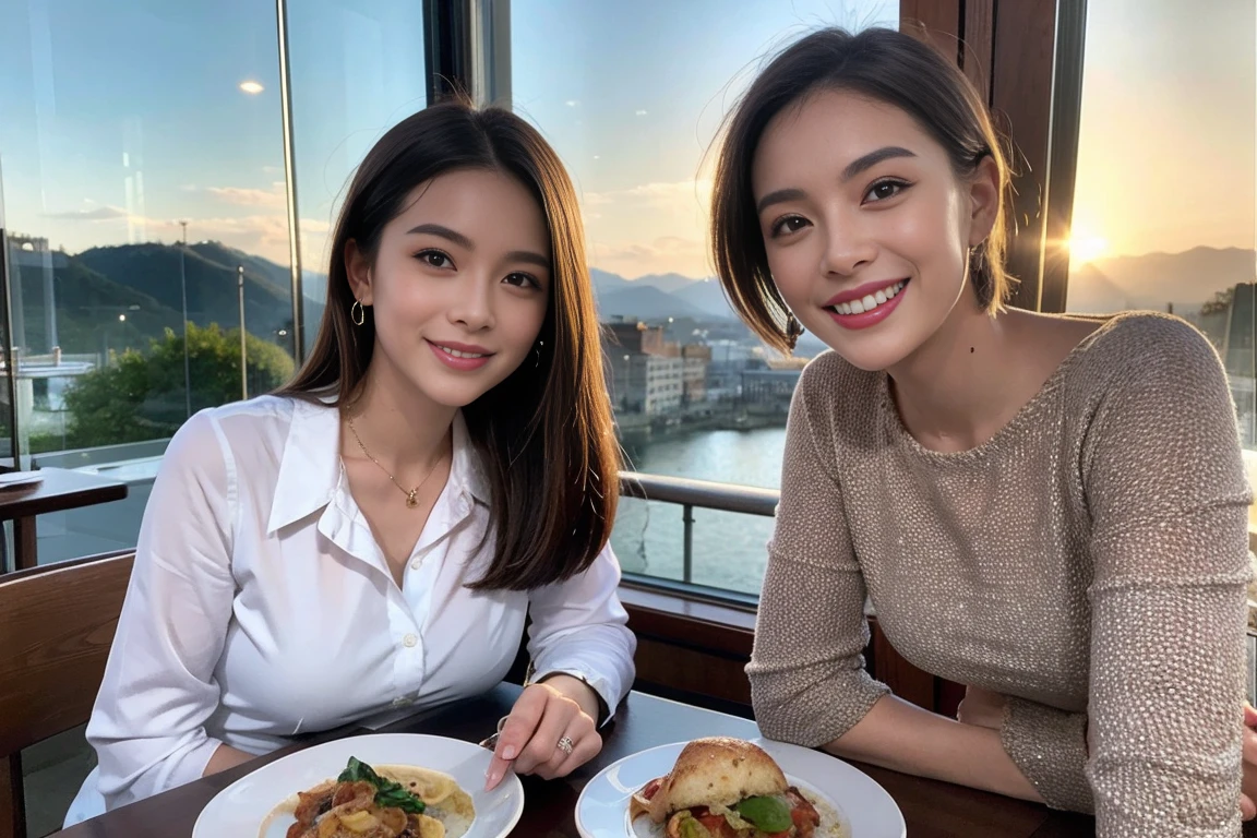 ((Highest quality、8k、masterpiece:1.3))、1 male、1 female、spouse、Beautiful couple、smile、 (Slim face), (The body is スリム), (Brown Hair), (Shortcuts), ((Bob Hale、Straight hair:1.2)), Whiskey bottle and glass on table、Single Malt、scotch、Shot Glass、shine light on the face、 Amazing view of the sunset sky and clouds、Amazing mountain views、smileの美しさ、Bright image、blush, Shortcuts,Bright Face、 (4), 3, Appetizers、Italian food、Long sleeve shirt、dress、Attractive beauty、restaurant, Nova Frog Style, actress, model, Upper Body,