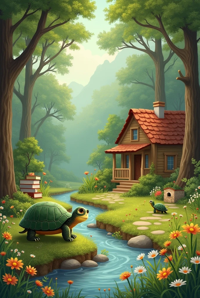 A little turtle with her turtle mother who lives in a beautiful forest with a stream, a house, flowers books for a children&#39;s book