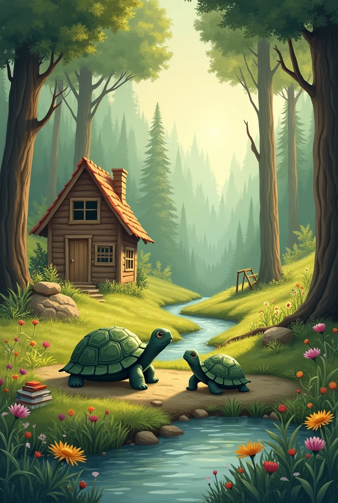 A little turtle with her turtle mother who lives in a beautiful forest with a stream, a house, flowers books for a children's book