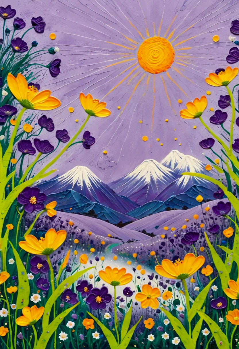A painting,Inspired by Yayoi Kusama:(((Chalk painting,Oil stick painting,Volume,Thick coating,Uneven texture,Plaster texture,Graffiti,Dot)))。(Lime and Violet,Dandelion), Bright colors, Purple和, cute的, Bright colors,cute, Lavender Color and Color Schemes, 和Purple的配色方案, Beautiful Art, Purple, Whimsical Art, 和Purple色调, Close together,, spring, Inspired by Tomokazu Matsuyama, Delightful