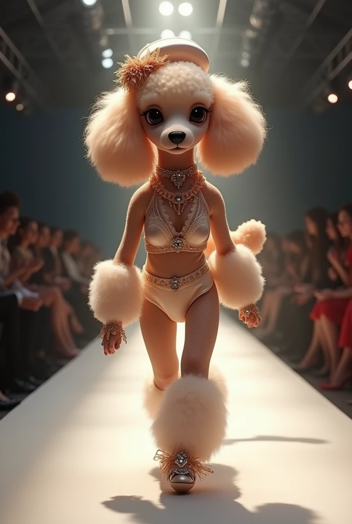 Spirit style: Anthropomorphic poodle gracefully walks down the catwalk，Show anthropomorphic style。The Poodle&#39;s posture is charming and noble，Perfectly adapted to the high-end fashion stage。

clothing: Beautiful satin lingerie and lace designed with anthropomorphic poodles，Smooth and luxurious fabric。Exquisite underwear design，Emphasis on elegance and comfort。

shoe: 时尚的迷你shoe，Decorated with tiny bows and gemstones，Showing chic and elegant style。

hat: Stylish beret or headdress，Matching with underwear，Decorated with delicate feathers or small jewels。

Accessories: 高雅的Accessories，Includes jewel-encrusted collar and stylish decorative leash，Add a touch of luxury to your poodle。

Image Quality: Enhance image quality，high resolution，Wallpaper-like clarity and realism，展示clothing和Accessories的每一个细节。