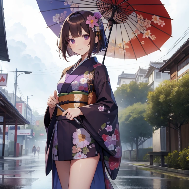 Masterpiece, best quality, high quality, 1girl, Solo, 2, wears a Kimono, Flowers on the kimono, has Short Brown hair, has Purple eyes, has slim body, has medium breasts, holds an umbrella, rain, Smile, standing in the Bus station, road in front of her, Cloudy sky