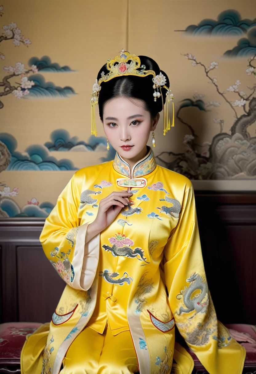 A woman from the Qing dynasty is wearing a yellow Manchu costume embroidered with small dragons, and has completely stripped off her clothes. The background is the luxurious Empress&#39;s Palace of the Qing dynasty.