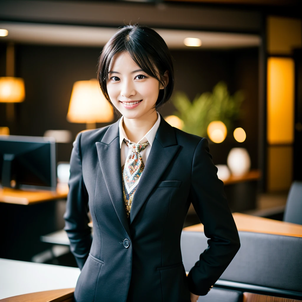 1girl, japanese woman in her 30s, business professional, smiling, black hair, elegant office attire, intricate details, high-end fashion, elegant pose, office setting, warm lighting, cinematic composition, vibrant colors, depth of field