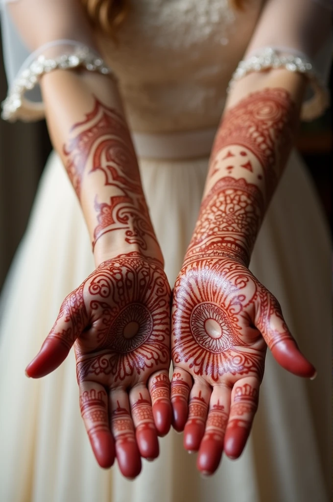 Create a elbow length bridal henna design with real hands for bride