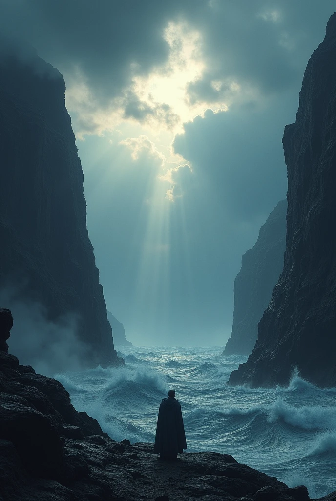 dramatic Nordic landscape at dawn, with rugged cliffs overlooking a stormy sea. The sky is a mix of dark clouds and rays of sunlight breaking through, symbolizing Thorfinn’s journey from darkness to redemption.