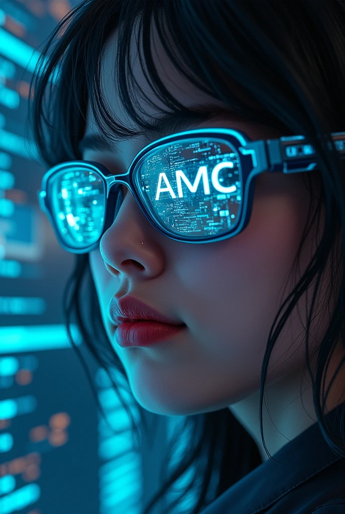 (masterpiece:1.2,Distinguished Quality,mirror-like,Cinematic Experience),8k,Wallpaper,ray tracing,(women),They are standing,(美しいwomen,sexy),(Wearing futuristic cyber glasses:2.0,The letters "AMC" shown on the glasses:2.0,Detailed drawing of the glasses:2.0),(A face with attention to detail.,detailed skin texture,beautiful skin),(looking to the camera),(Forehead),(Closeup of face:2.0),(Server crash:2.0),(The background is a wall of data:2.0),(bright lips:1.5)