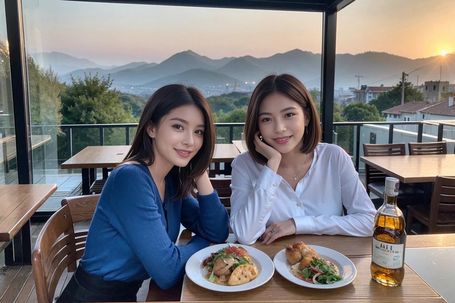((Highest quality、8k、masterpiece:1.3))、1 male、1 female、spouse、Beautiful couple、smile、 (Slim face), (The body is スリム), (Brown Hair), (Shortcuts), ((Bob Hale、Straight hair:1.2)), Whiskey bottle and glass on table、Single Malt、scotch、Shot Glass、shine light on the face、 Amazing view of the sunset sky and clouds、Amazing mountain views、smileの美しさ、Bright image、blush, Shortcuts,Bright Face、 (4), 3, Appetizers、Italian food、Long sleeve shirt、dress、Attractive beauty、restaurant, Nova Frog Style, actress, model, Upper Body,