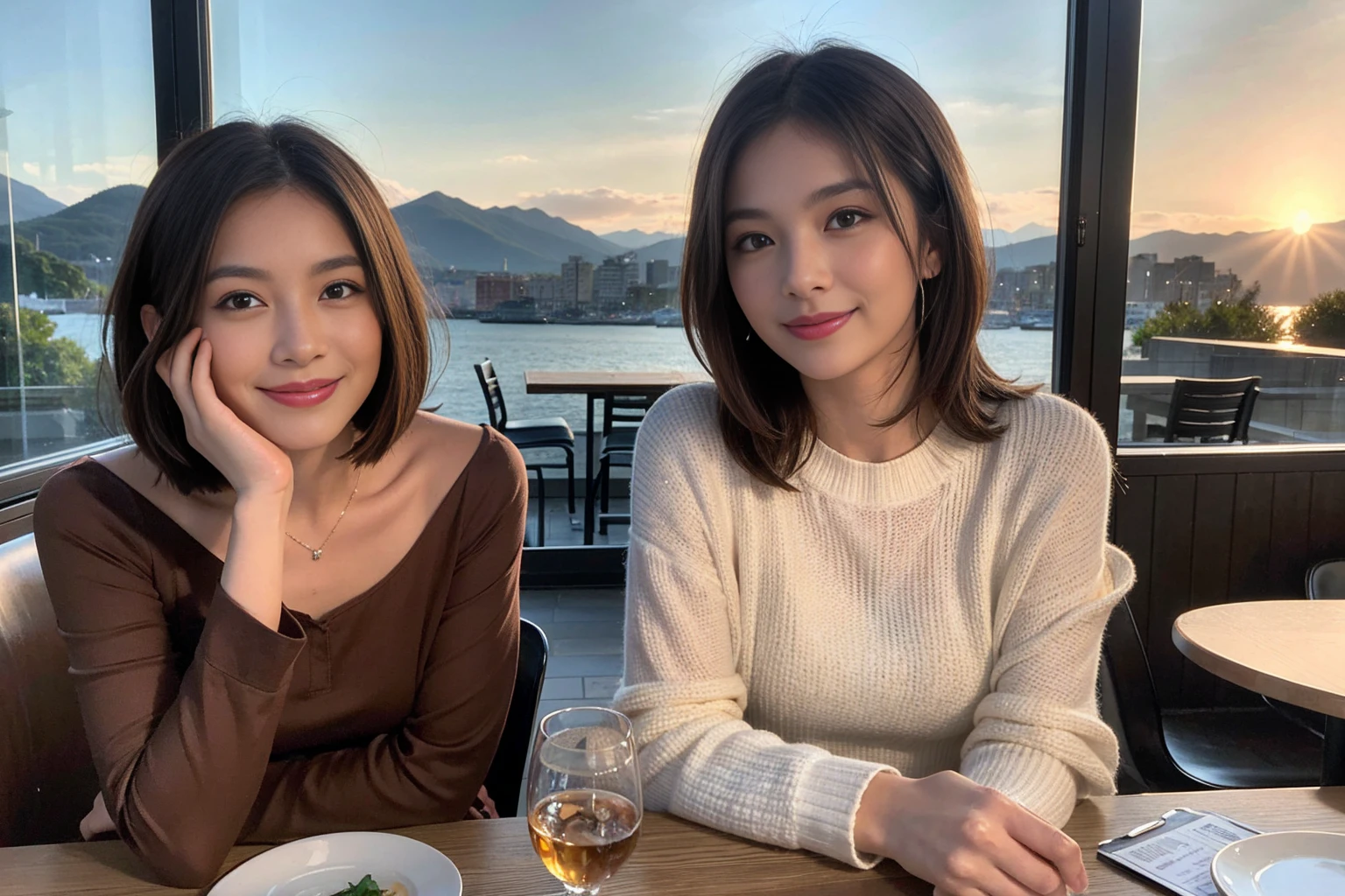 ((Highest quality、8k、masterpiece:1.3))、1 male、1 female、spouse、Beautiful couple、smile、 (Slim face), (The body is スリム), (Brown Hair), (Shortcuts), ((Bob Hale、Straight hair:1.2)), Whiskey bottle and glass on table、Single Malt、scotch、Shot Glass、shine light on the face、 Amazing view of the sunset sky and clouds、Amazing mountain views、smileの美しさ、Bright image、blush, Shortcuts,Bright Face、 (4), 3, Appetizers、Italian food、Long sleeve shirt、dress、Attractive beauty、restaurant, Nova Frog Style, actress, model, Upper Body, 